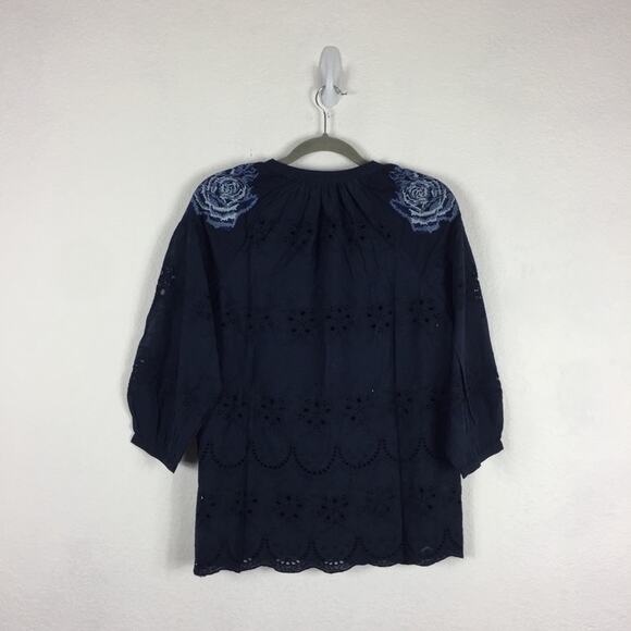 NWT Anthropologie Tolani Brenna Navy Embroidered Eyelet Blouse XS Cotton Boho - Picture 11 of 12